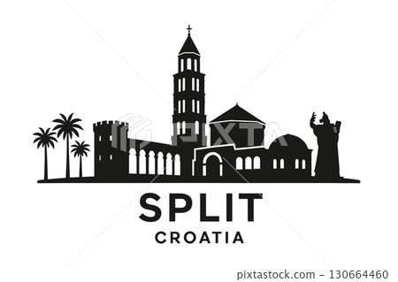 Split skyline with palace, cathedral, promenade and hill backdrop 130664460