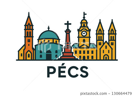 P?cs city skyline with iconic buildings and landmarks 130664479