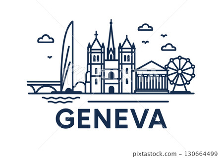 Geneva city skyline with iconic buildings and landmarks 130664499