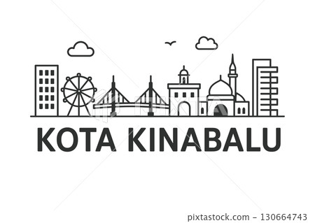 Kota Kinabalu city skyline with iconic buildings and landmarks 130664743