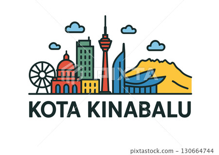 Kota Kinabalu city skyline with iconic buildings and landmarks 130664744