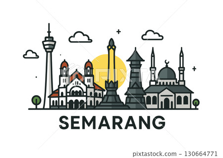Semarang city skyline with iconic buildings and landmarks 130664771