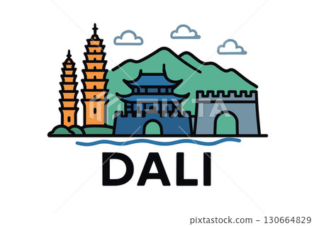 Dali city skyline with iconic buildings and landmarks Dali city skyline with iconic buildings and landmarks 130664829