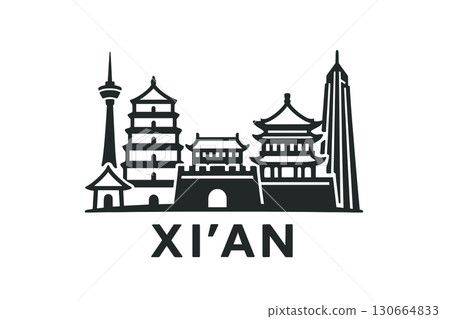Xian city skyline with iconic buildings and landmarks 130664833