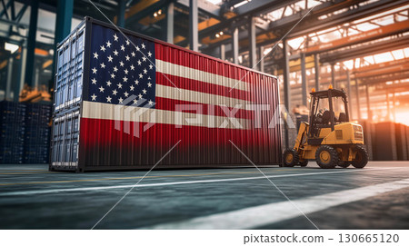 USA flag container cargo in warehouse, export logistic. 130665120