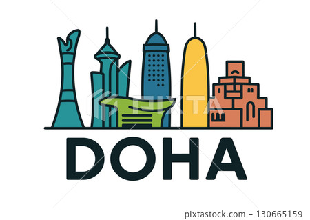 City skyline with iconic buildings and landmarks of Doha 130665159
