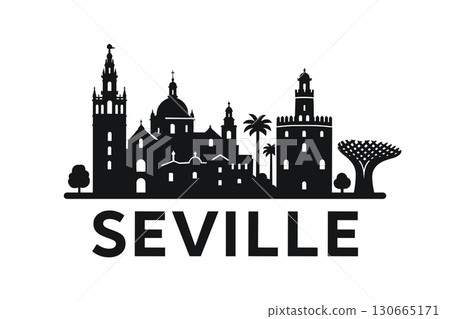 City skyline with iconic buildings and landmarks of Seville 130665171
