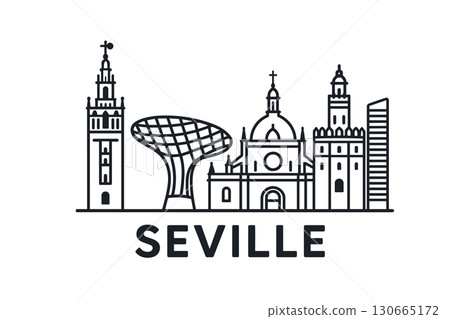 City skyline with iconic buildings and landmarks of Seville 130665172