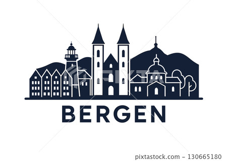 City skyline with iconic buildings and landmarks of Bergen 130665180