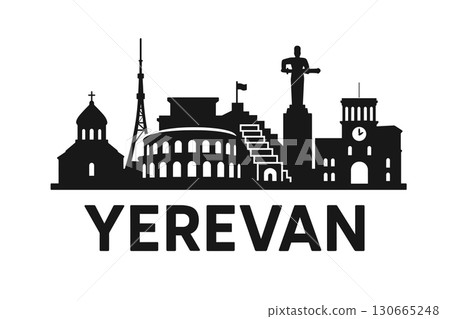 Black Silhouette Skyline of Yerevan with Famous Landmarks 130665248