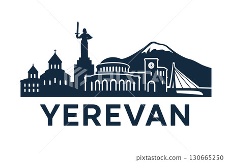 Black Silhouette Skyline of Yerevan with Famous Landmarks 130665250