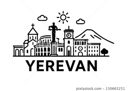 Black Silhouette Skyline of Yerevan with Famous Landmarks 130665251