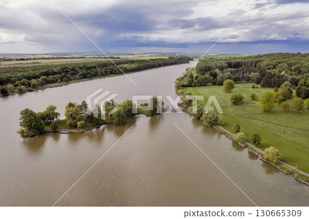 Aerial drone view over tranquil Boating lake in Nagykanizsa, Hungary. 130665309