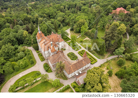 Aerial drone view over palace of Counts Schonborn. Chynadiieve, Ukraine. 130665320