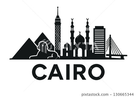 Cairo skyline with pyramids, mosque, tower and sphinx 130665344