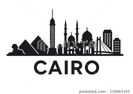 Cairo skyline with pyramids, mosque, tower and sphinx 130665345