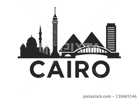 Cairo skyline with pyramids, mosque, tower and sphinx 130665346