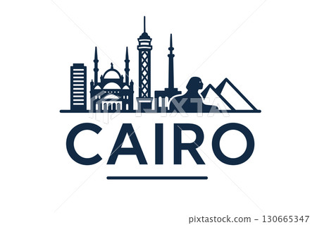 Cairo skyline with pyramids, mosque, tower and sphinx 130665347