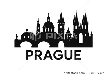 Prague skyline with Charles Bridge and Gothic towers silhouette 130665374