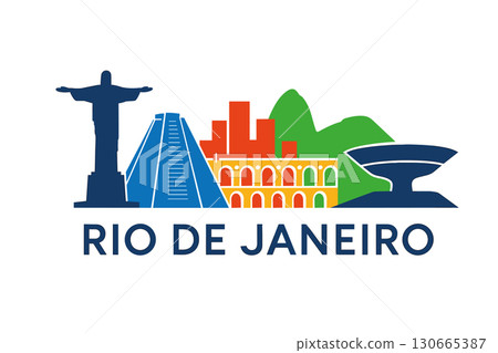 Rio de Janeiro skyline with Christ, Sugarloaf and colorful landmarks 130665387