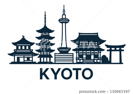 Kyoto skyline with pagodas, torii gate and Kyoto Tower silhouette 130665397
