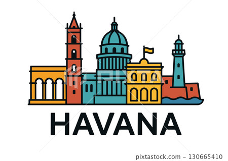 Havana skyline with El Capitolio, cathedral and lighthouse illustration 130665410