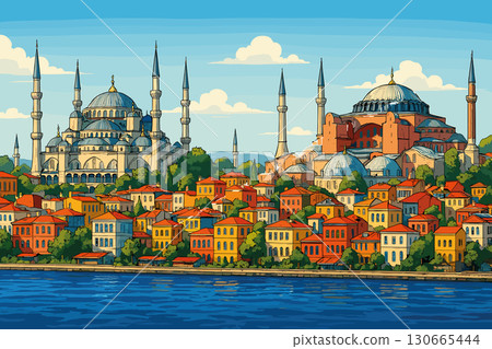 Panoramic view of Istanbul with Blue Mosque and Hagia Sophia at sunset Panoramic view of Istanbul with Blue Mosque and Hagia Sophia at sunset 130665444