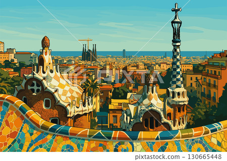 View of Barcelona from Park G?ell with Gaudi mosaics and sea horizon View of Barcelona from Park G?ell with Gaudi mosaics and sea horizon 130665448