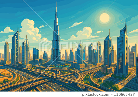 Dubai skyline with Burj Khalifa and traffic under bright desert sunlight 130665457