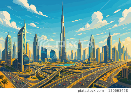 Dubai skyline with Burj Khalifa and traffic under bright desert sunlight 130665458