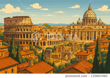 Panoramic view of Rome with Colosseum and basilica under sunny sky 130665460