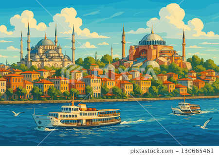Istanbul view with Bosphorus, Blue Mosque and Hagia Sophia in sunlight Istanbul view with Bosphorus, Blue Mosque and Hagia Sophia in sunlight 130665461