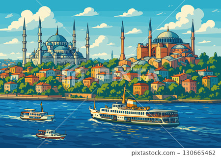 Istanbul view with Bosphorus, Blue Mosque and Hagia Sophia in sunlight 130665462