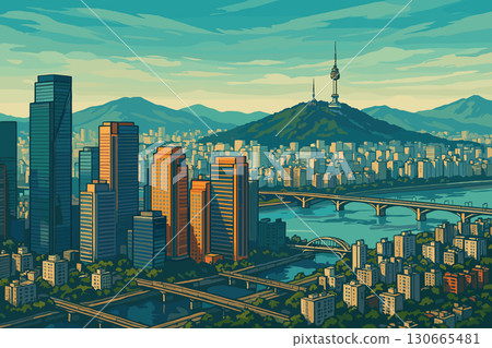 Seoul skyline with Namsan Tower, Han River, and surrounding mountains 130665481