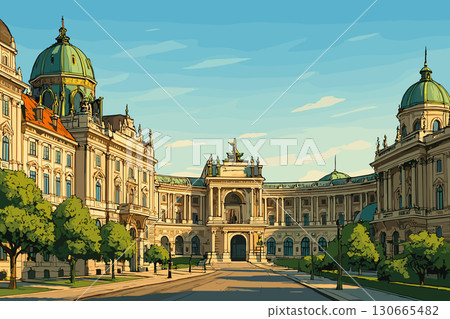 Vienna cityscape with Hofburg Palace, historic buildings and tree-lined streets 130665482