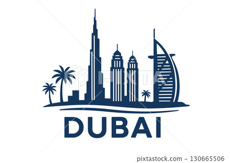 Dubai skyline with iconic towers and palm trees 130665506