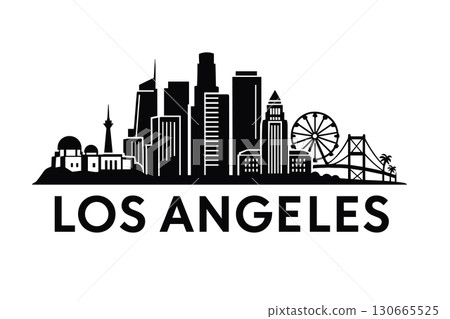 Los Angeles skyline with palm trees and Hollywood Hills 130665525