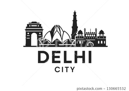Delhi skyline with India Gate, Lotus Temple, and Qutub Minar 130665532