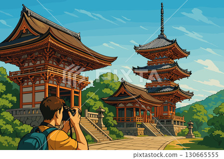 Man taking photos of historical temples in Kyoto, Japan 130665555