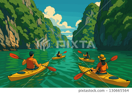 People kayaking through emerald green waters near limestone cliffs 130665564