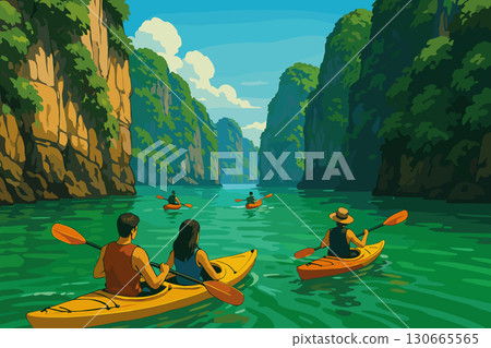 People kayaking through emerald green waters near limestone cliffs 130665565