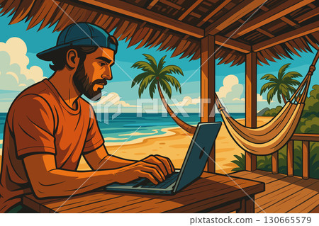 Digital nomad working on laptop in tropical beachside bungalow office 130665579