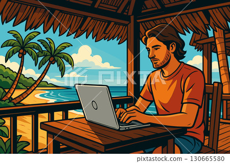 Digital nomad working on laptop in tropical beachside bungalow office 130665580