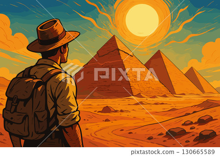 Man exploring ancient pyramids under hot desert sun and clear sky 130665589