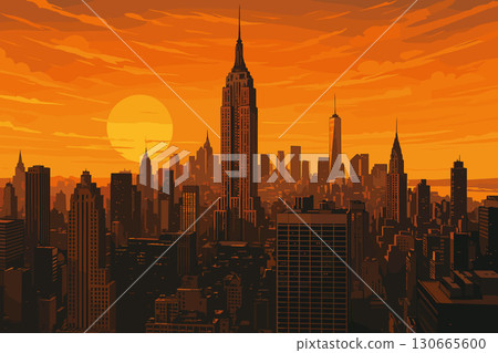 New York City skyline at sunset with Empire State and Hudson River view 130665600