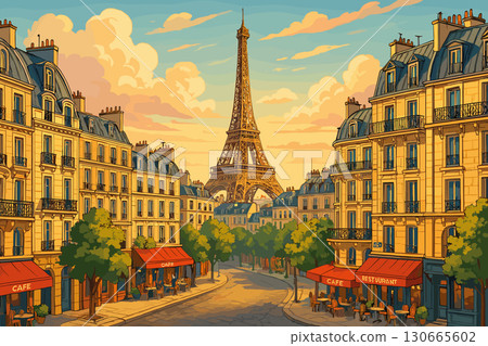 Panoramic view of Paris with Eiffel Tower and historic rooftops at dusk Panoramic view of Paris with Eiffel Tower and historic rooftops at dusk 130665602