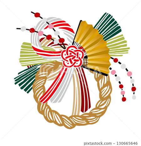 Retro hand-drawn Japanese-style illustration of New Year's decorations and fans | New Year's, Shimenawa, fan, plum, decoration, New Year's card 130665646