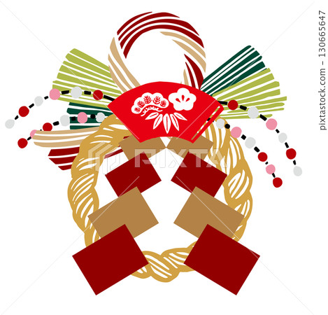 復古手繪日式新年裝飾和扇子的插圖 | 新年，注連繩，扇子，梅花，裝飾，新年賀卡 130665647