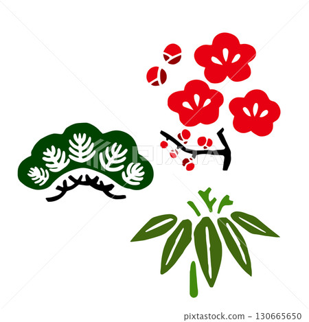 一幅簡單的手繪日式圖案插圖，描繪了新年吉祥的象徵：松、竹、梅。松、竹、梅、日式、新年 130665650