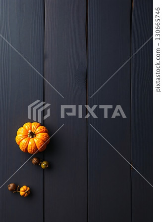 Orange pumpkins and dry leaves on a black background 130665746